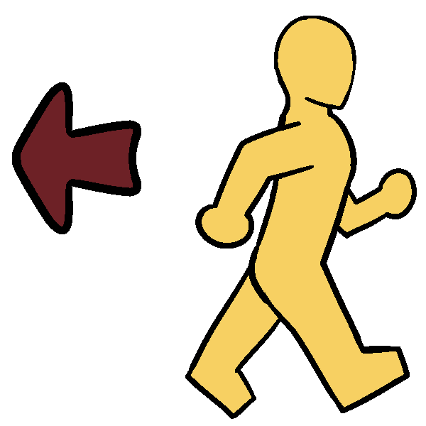 A thin yellow person walking with an arrow behind them, pointing behind them.